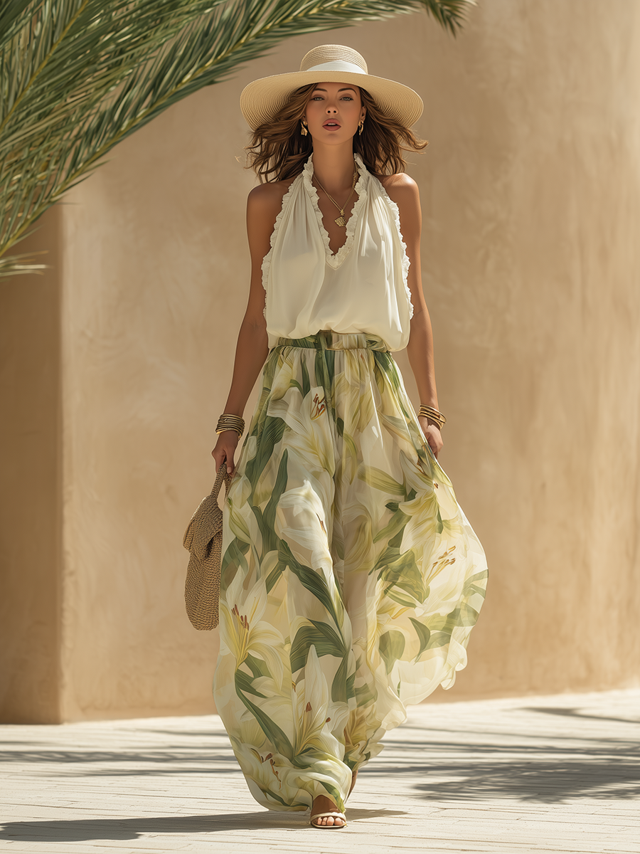 Ensemble femme deux pièces fluide jupe longue à imprimé floral et col V