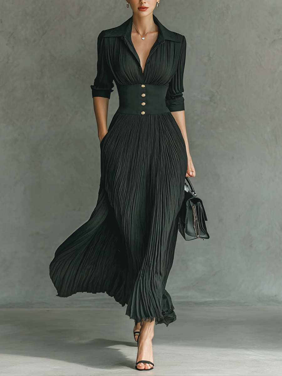Esmée – Robe maxi unie plissée à col tailleur cintrée à manches longues femme