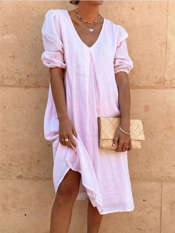 Robe d'été droite pour femme en lin avec col en V et fraîcheur élégante