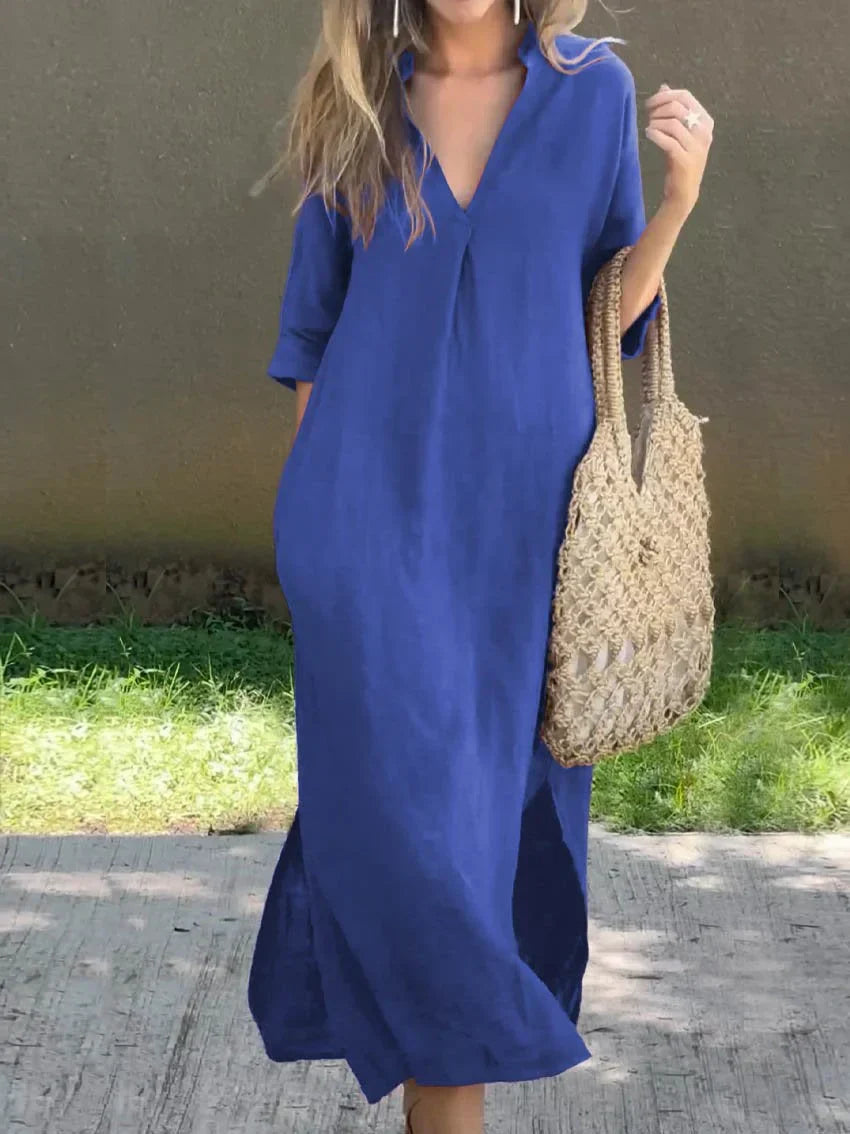 Robe d’été en lin pour femme à col V et poches