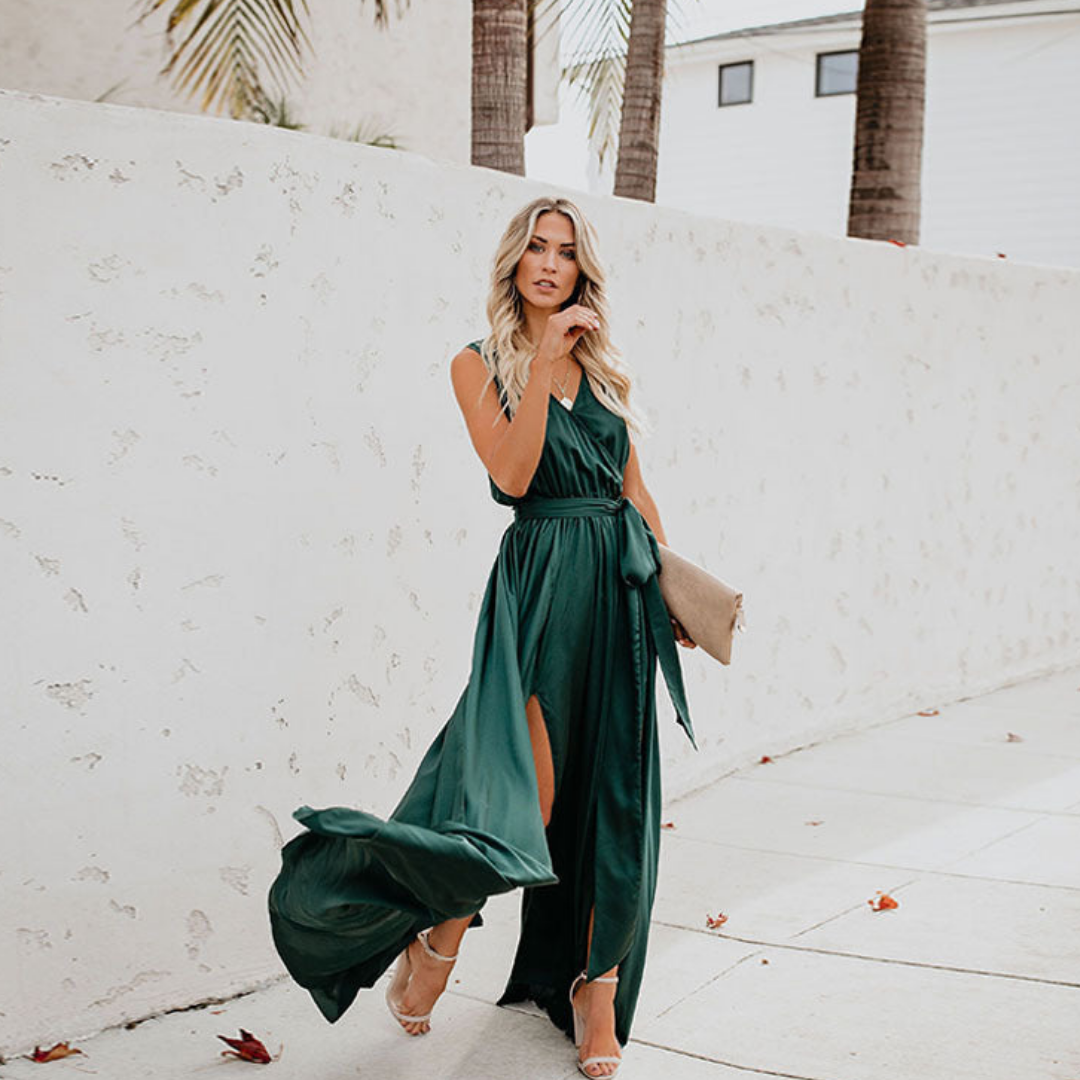 Sarah – Robe maxi fluide avec fente latérale et taille marquée femme