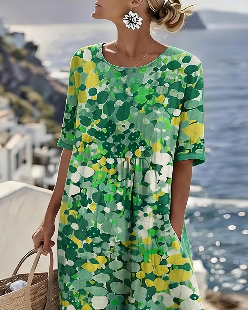 Robe midi fleurie en coton et lin à manches courtes et poches