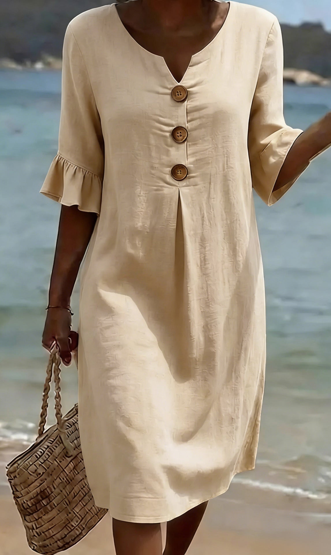 Robe d'été boutonnée en coton et lin à manches volantées