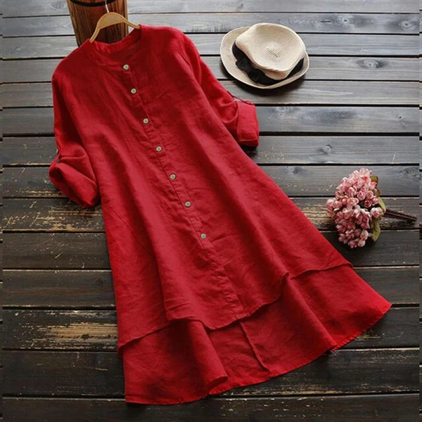 Robe d’Été en Lin et Coton – Manches Retroussables, Boutons et Ourlet Asymétrique Volanté