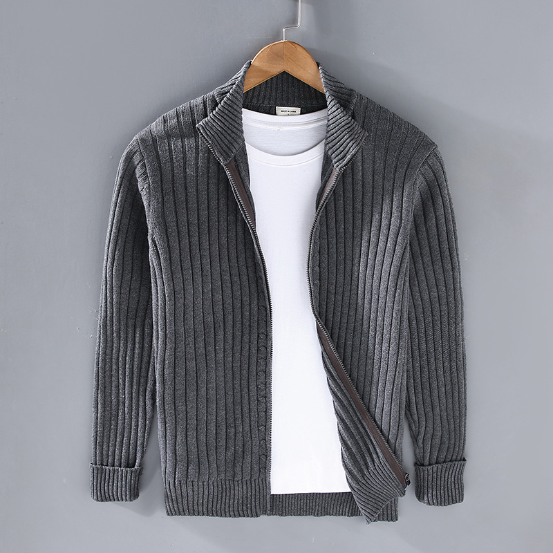 Veste zippée en maille côtelée pour homme automne élégante douce en coton avec col montant Mathieu