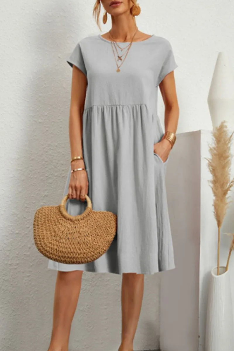 Robe d'été pour femme en coton doux avec col rond, poches et coupe évasée
