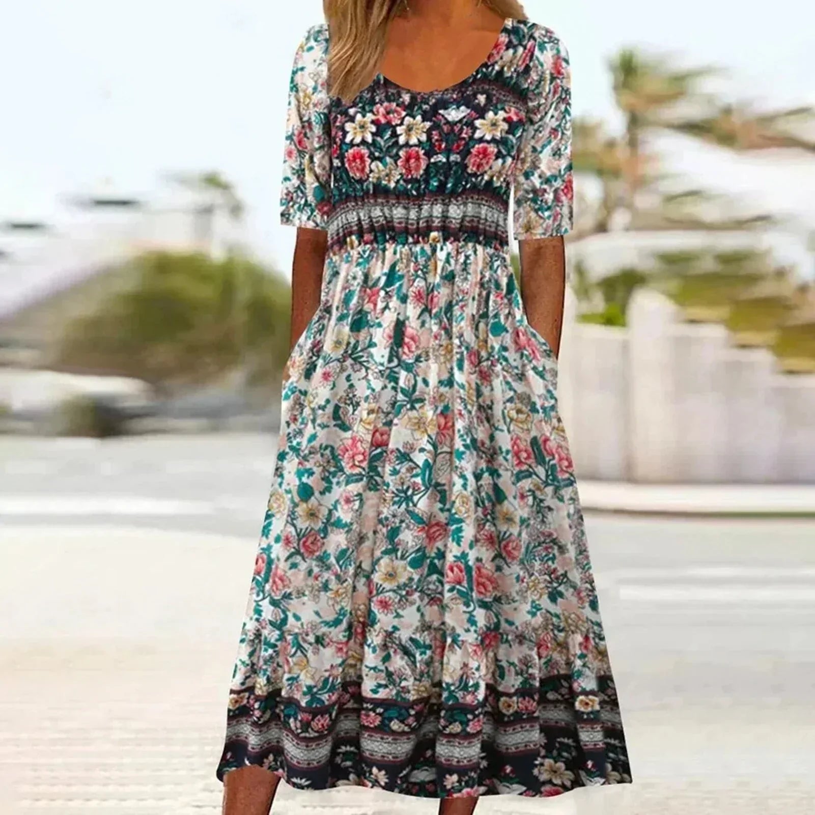 Anaïs – Robe midi d'été bohème à imprimé femme
