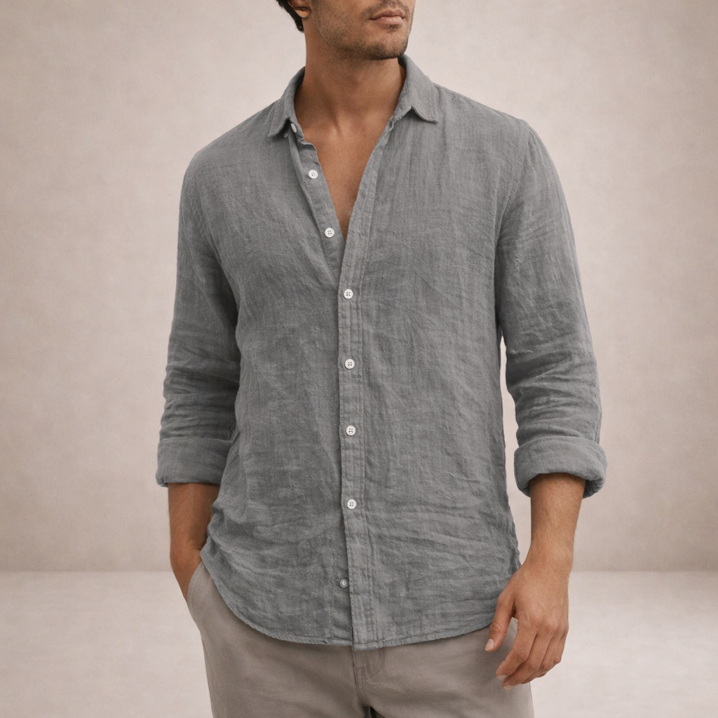 Chemise en lin homme à col ouvert coupe décontractée manches longues