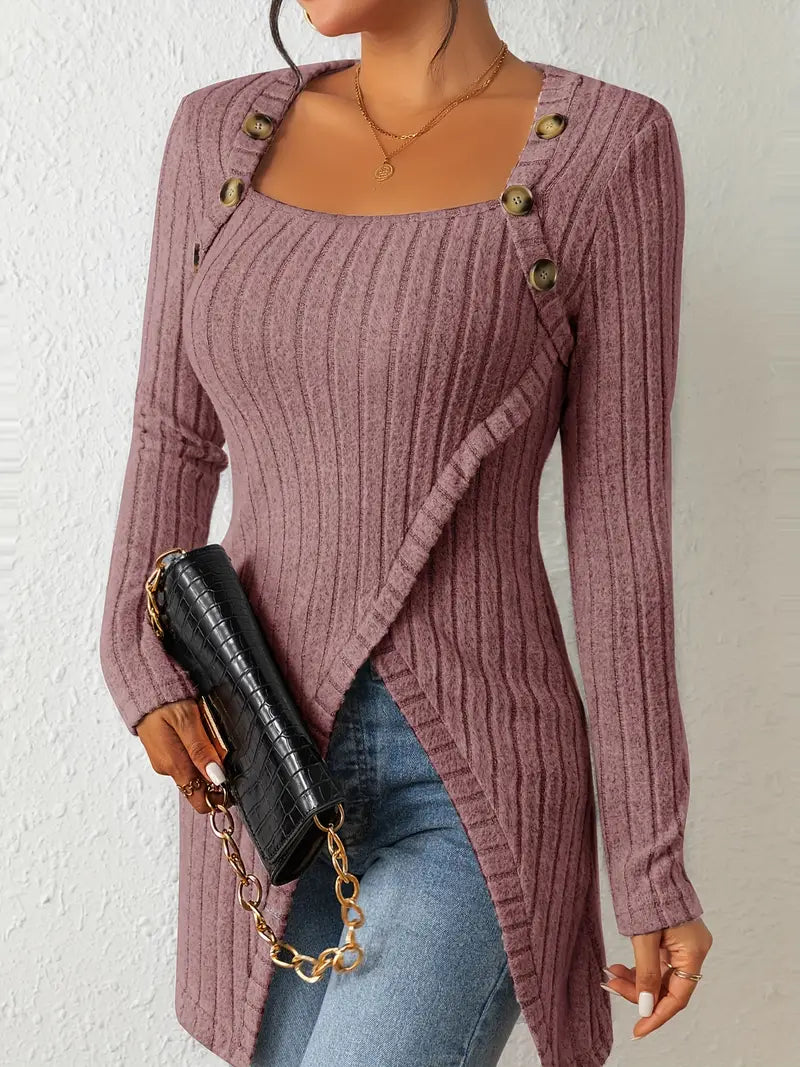 Manon – Haut asymétrique femme à boutons et maille côtelée