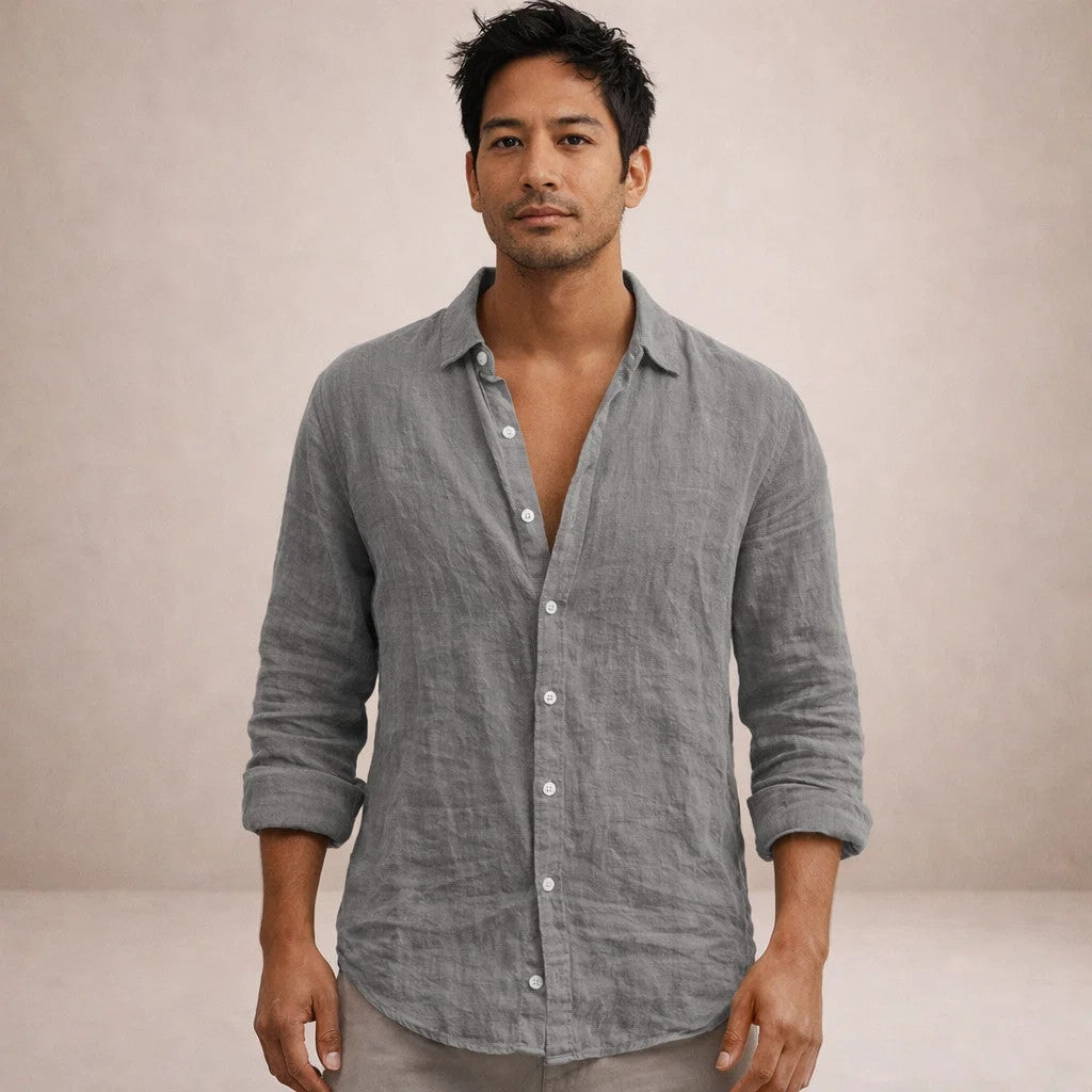 Chemise en lin homme à col ouvert coupe décontractée manches longues