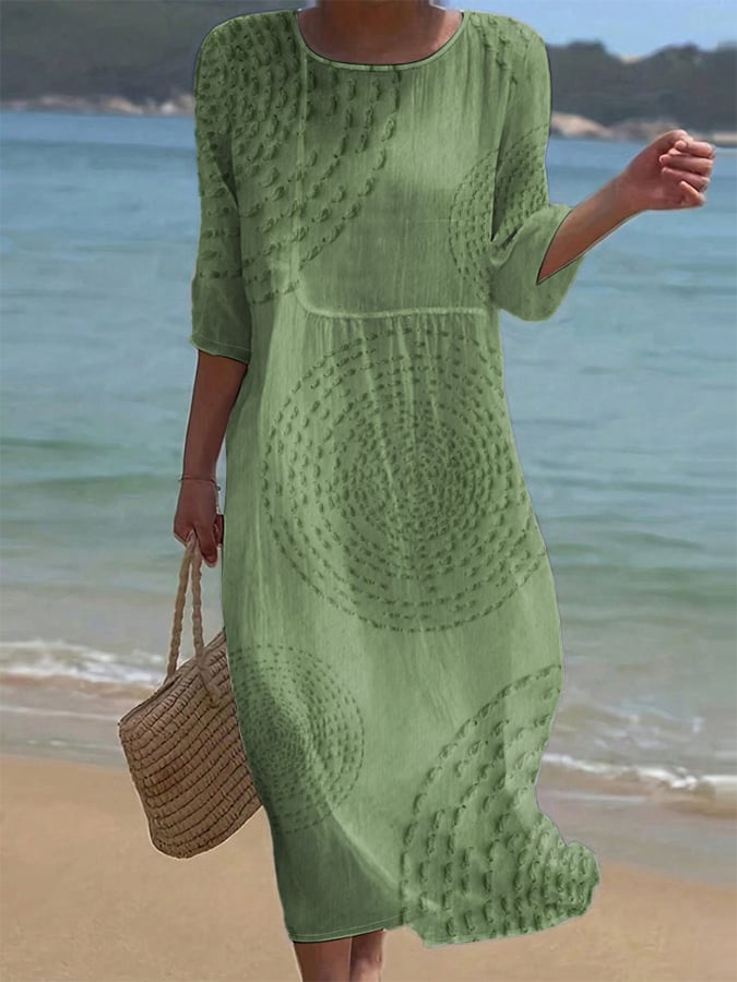 Robe midi en coton et lin à motif texturé et manches 3/4