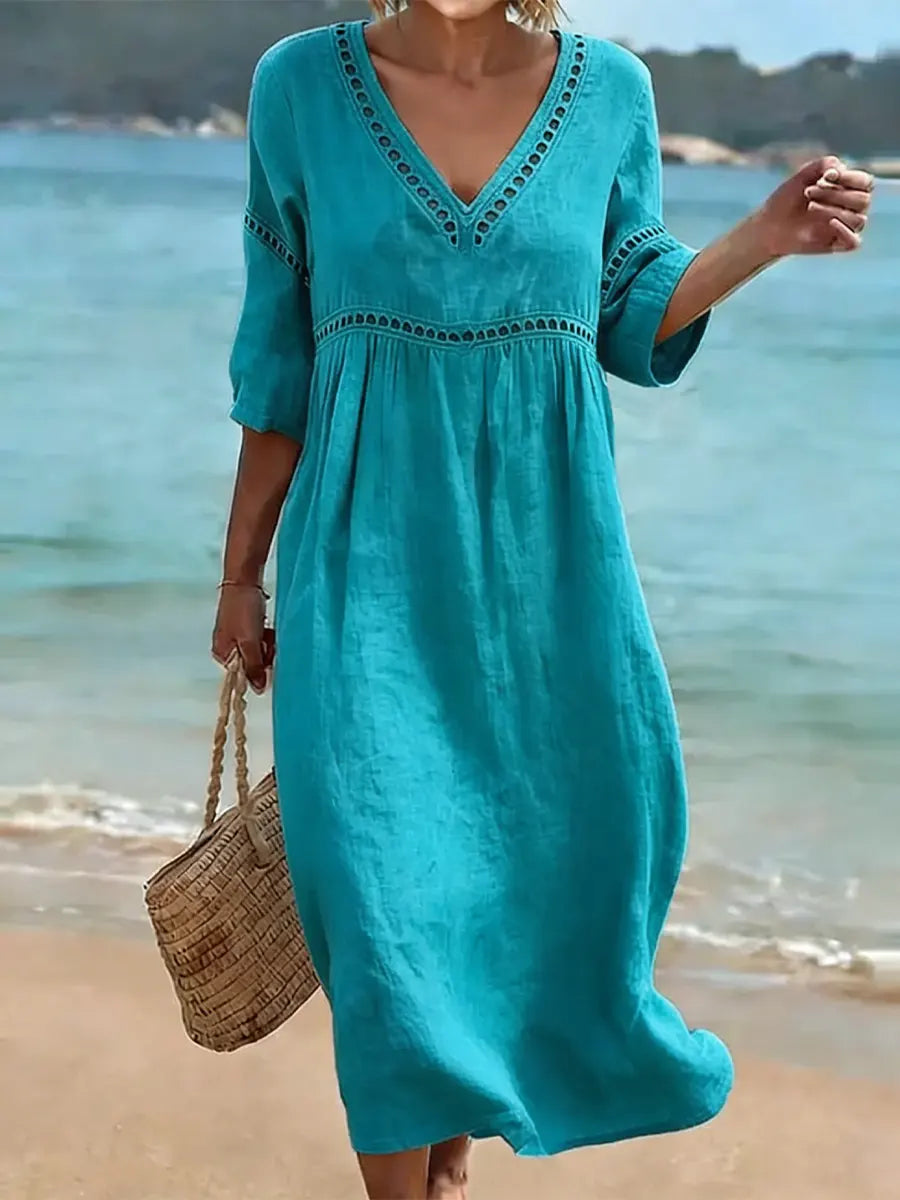Robe midi fluide en coton à col V et manches courtes