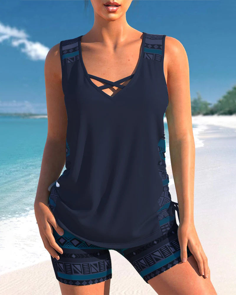 Tankini avec Short de Bain – Encolure en V, Bretelles Larges et Imprimé Géométrique Estival