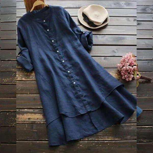 Robe d’Été en Lin et Coton – Manches Retroussables, Boutons et Ourlet Asymétrique Volanté