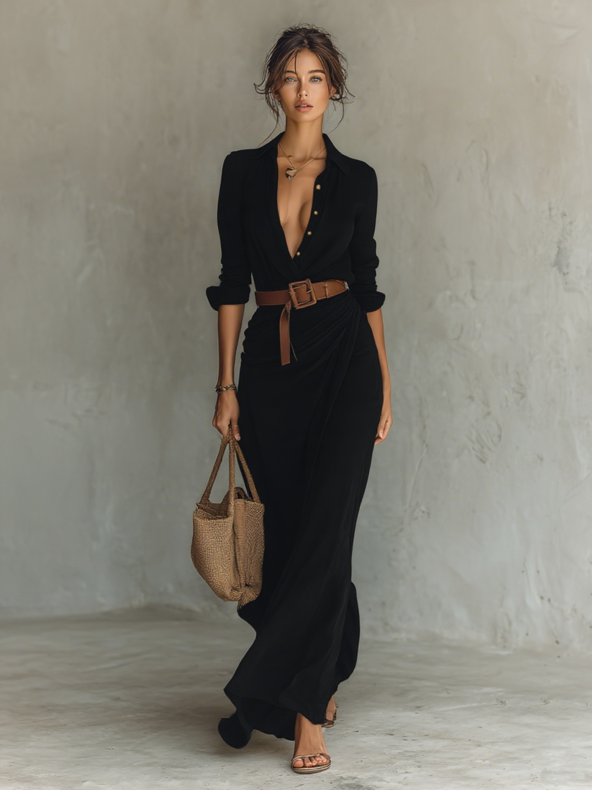 Gaëlle – Robe chemise maxi à manches longues et ceinture femme