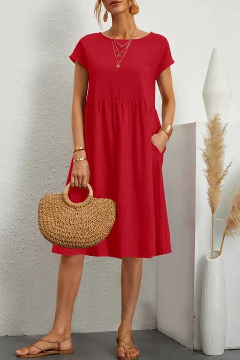 Robe d'été pour femme en coton doux avec col rond, poches et coupe évasée