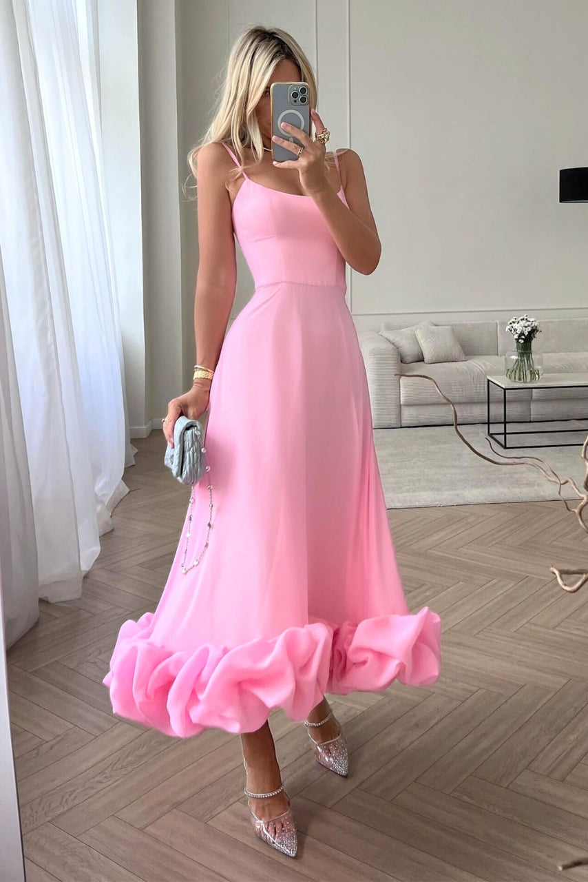 Juliette – Robe maxi à fines bretelles avec jupe évasée et ourlet à volants femme
