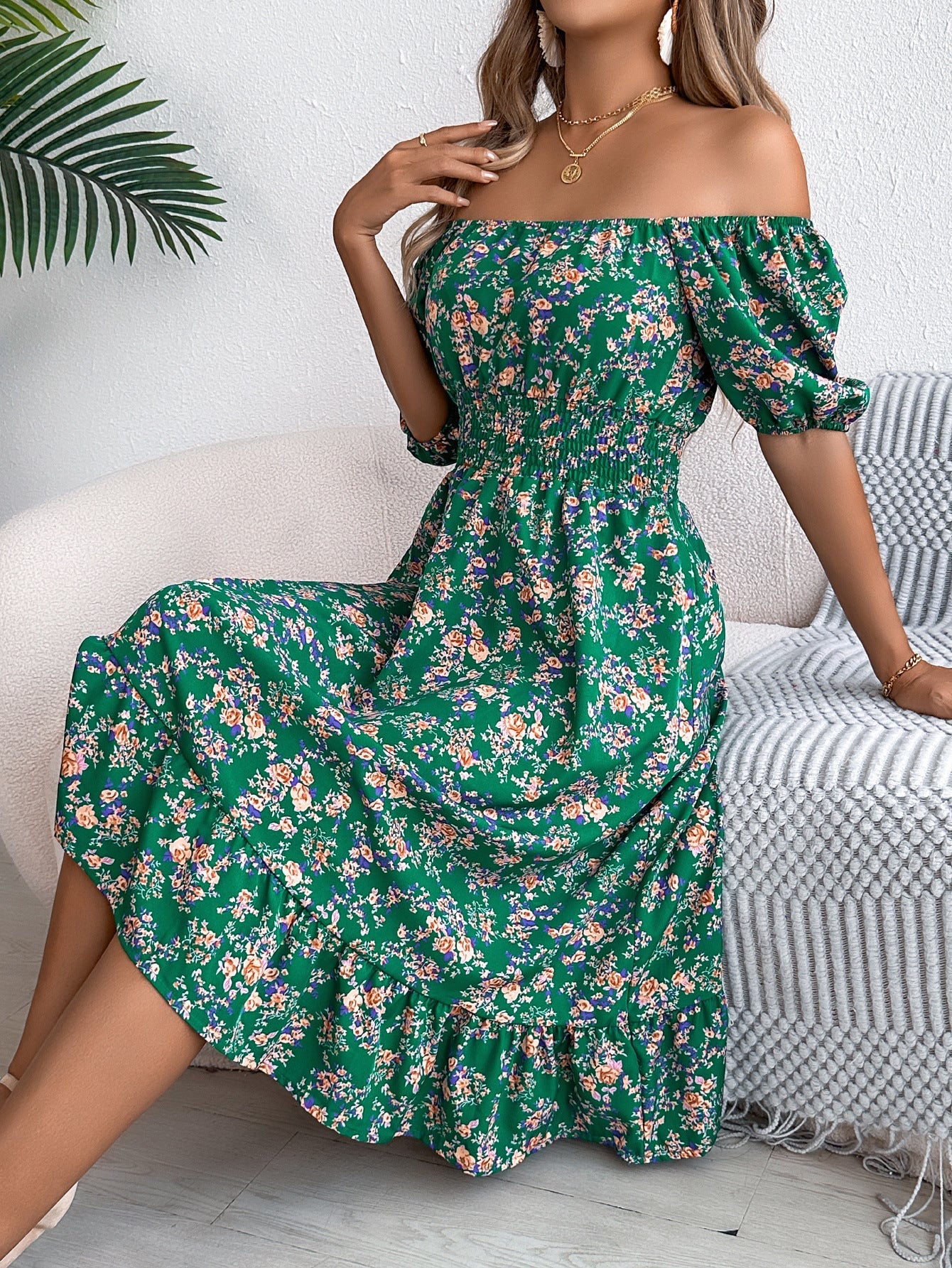 Joline – Robe midi à imprimé floral, col carré, volants et taille haute femme