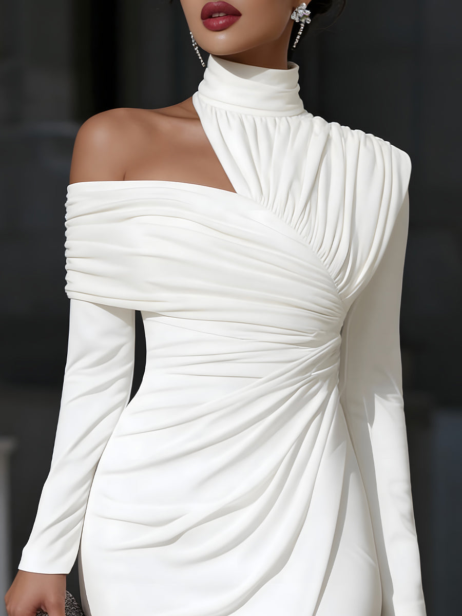 Hortensia – Robe midi moulante à manches longues, épaule dénudée et fente femme