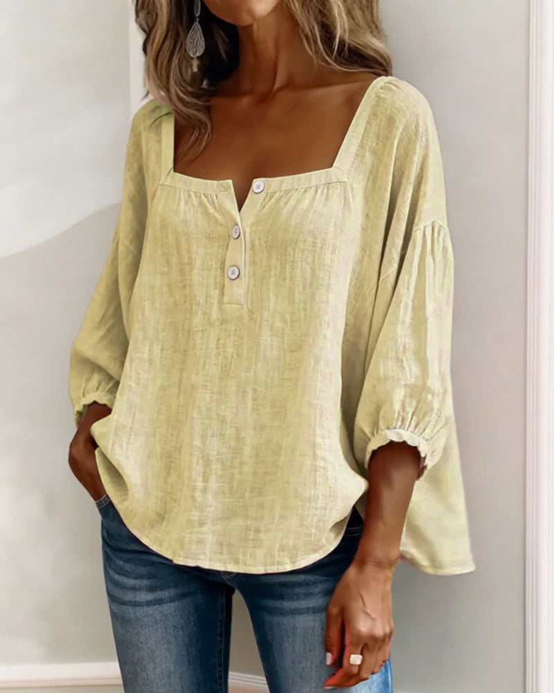 Blouse en lin femme à encolure carrée et manches bouffantes 3/4