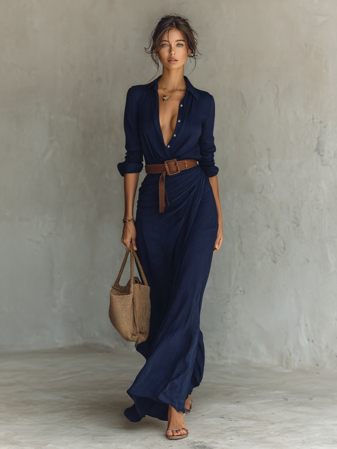 Gaëlle – Robe chemise maxi à manches longues et ceinture femme