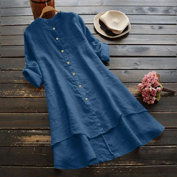 Robe d’Été en Lin et Coton – Manches Retroussables, Boutons et Ourlet Asymétrique Volanté