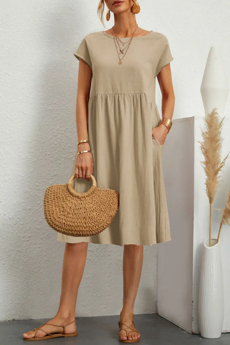 Robe d'été pour femme en coton doux avec col rond, poches et coupe évasée