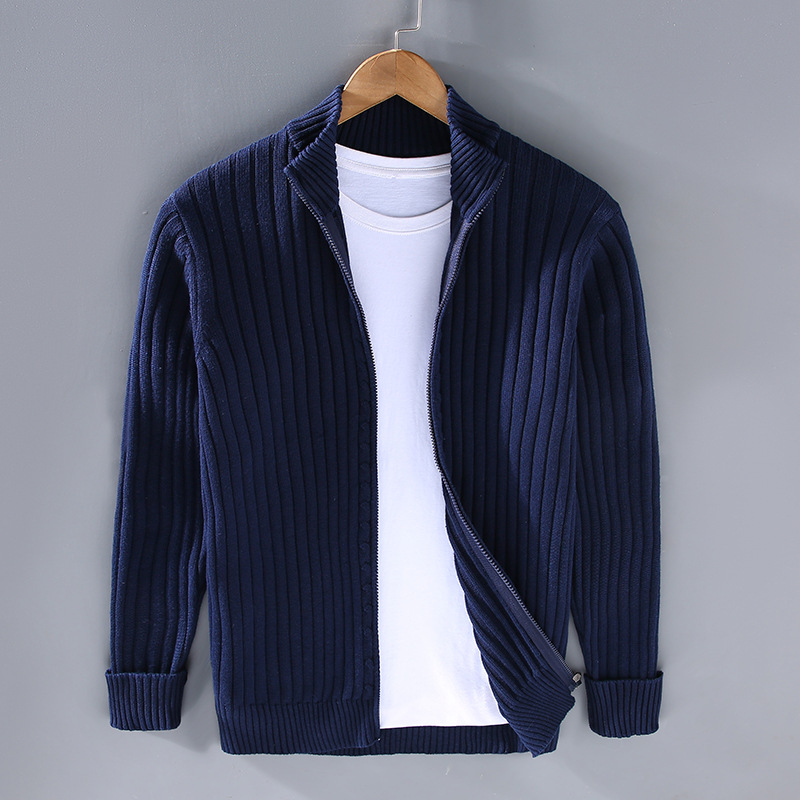 Veste zippée en maille côtelée pour homme automne élégante douce en coton avec col montant Mathieu