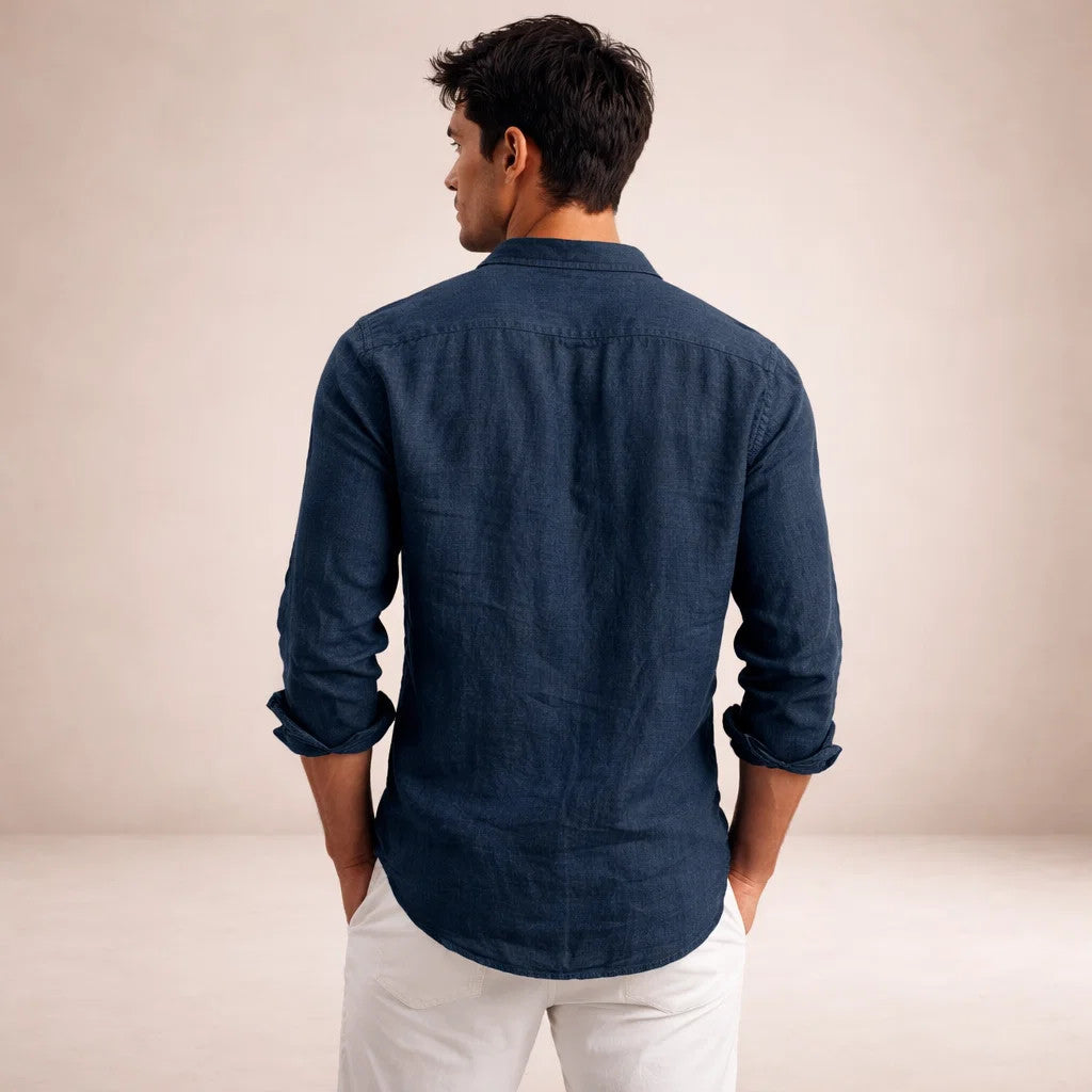 Chemise en lin homme à col ouvert coupe décontractée manches longues