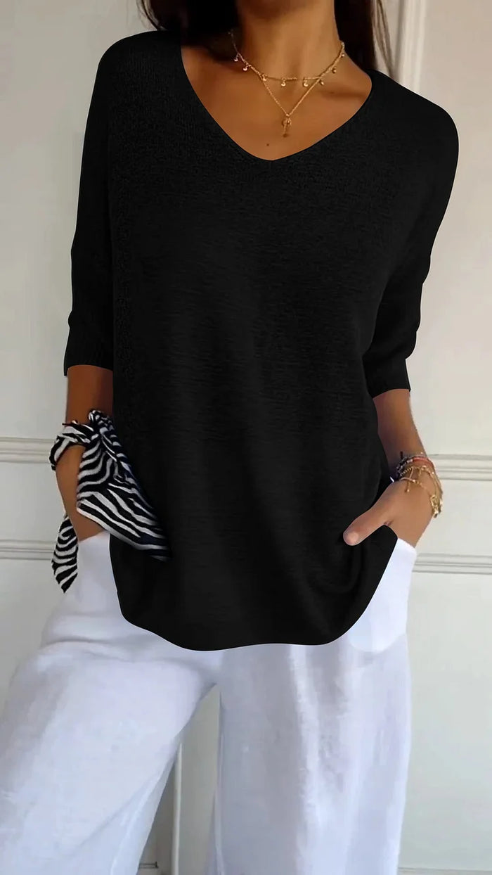 Lison – Top en maille à col en V et manches trois-quarts femme