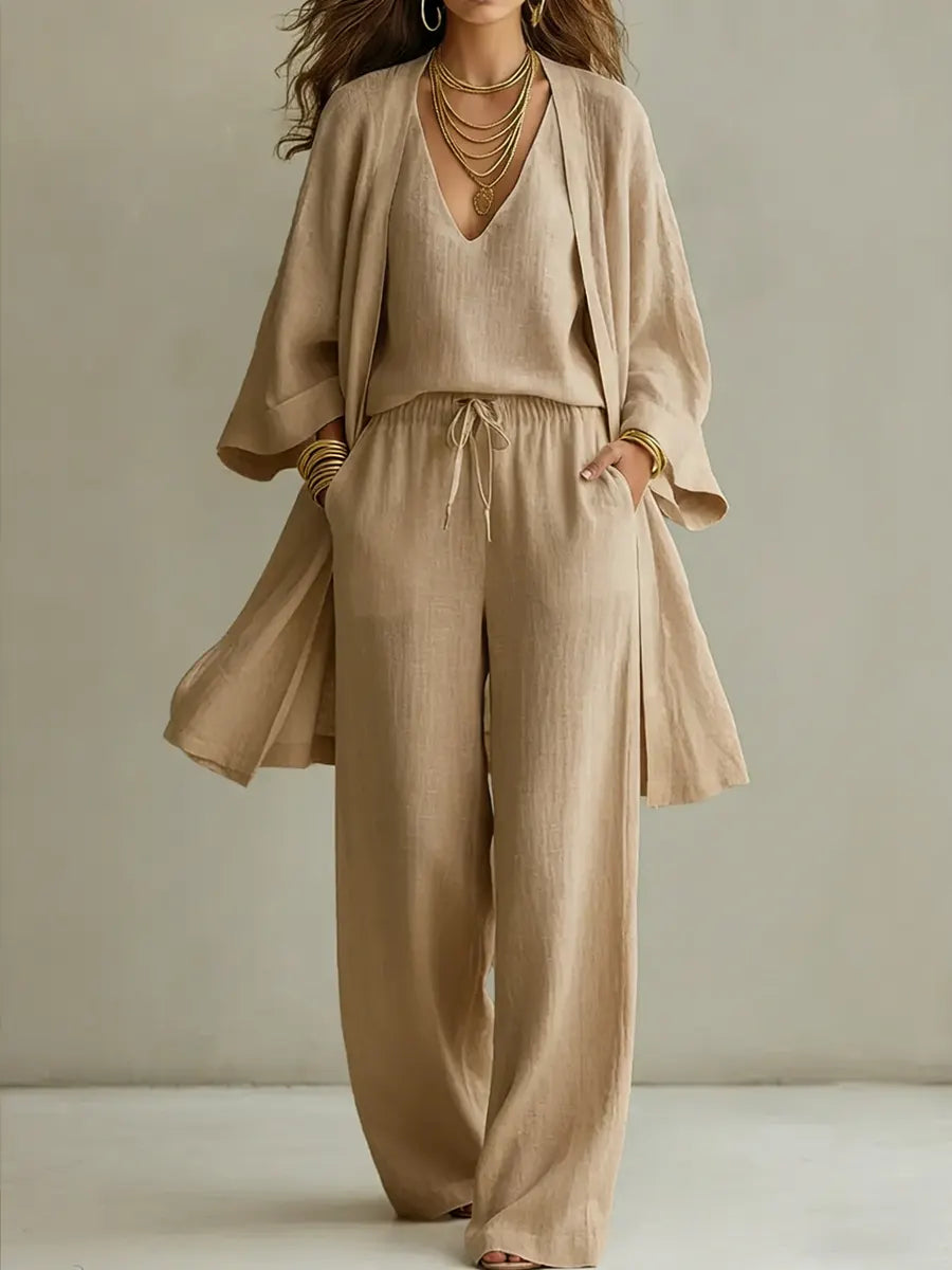 Ensemble femme trois pièces en coton et lin minimaliste