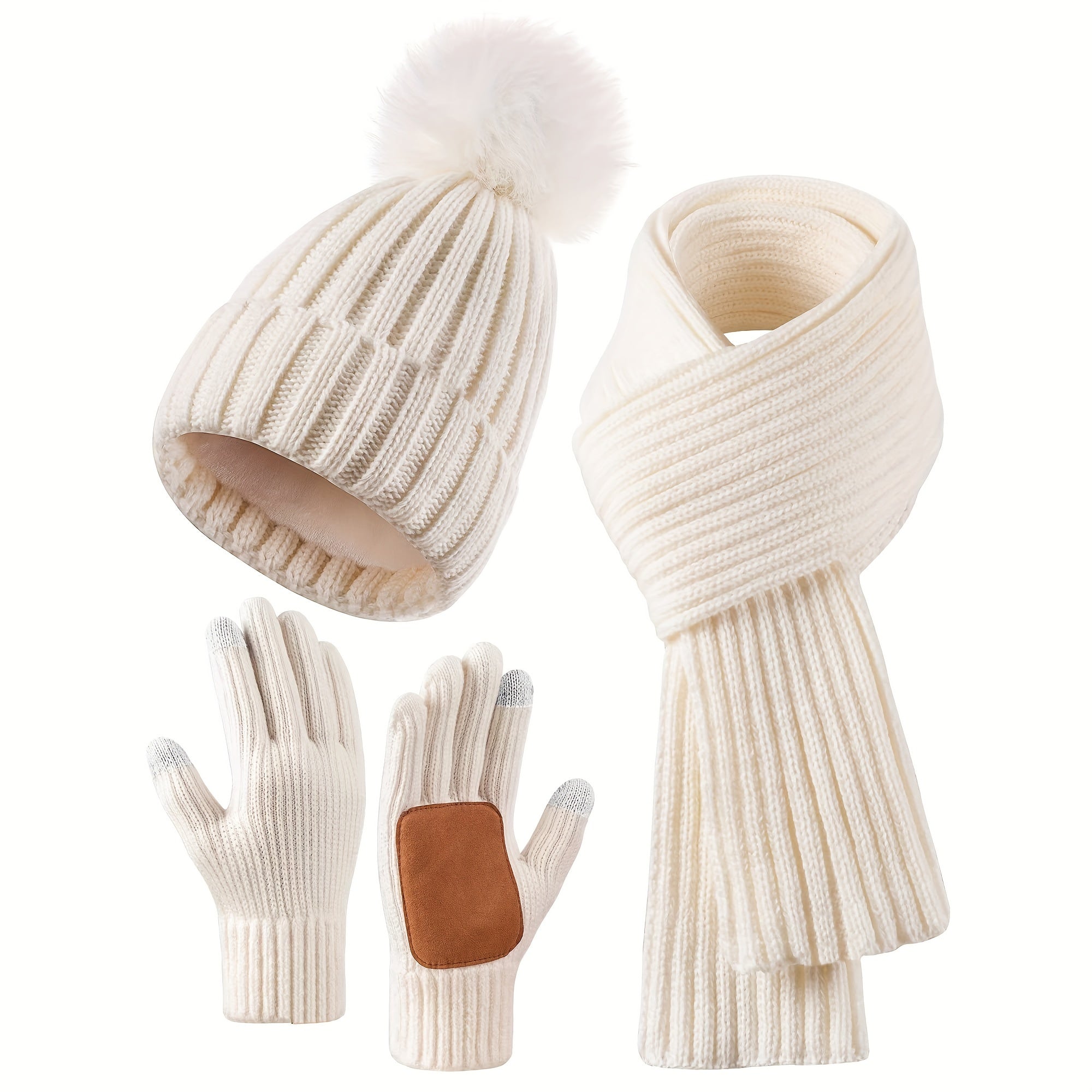 Léa – Ensemble d’hiver en maille 3 en 1 avec bonnet à pompon écharpe et gants tactiles femme