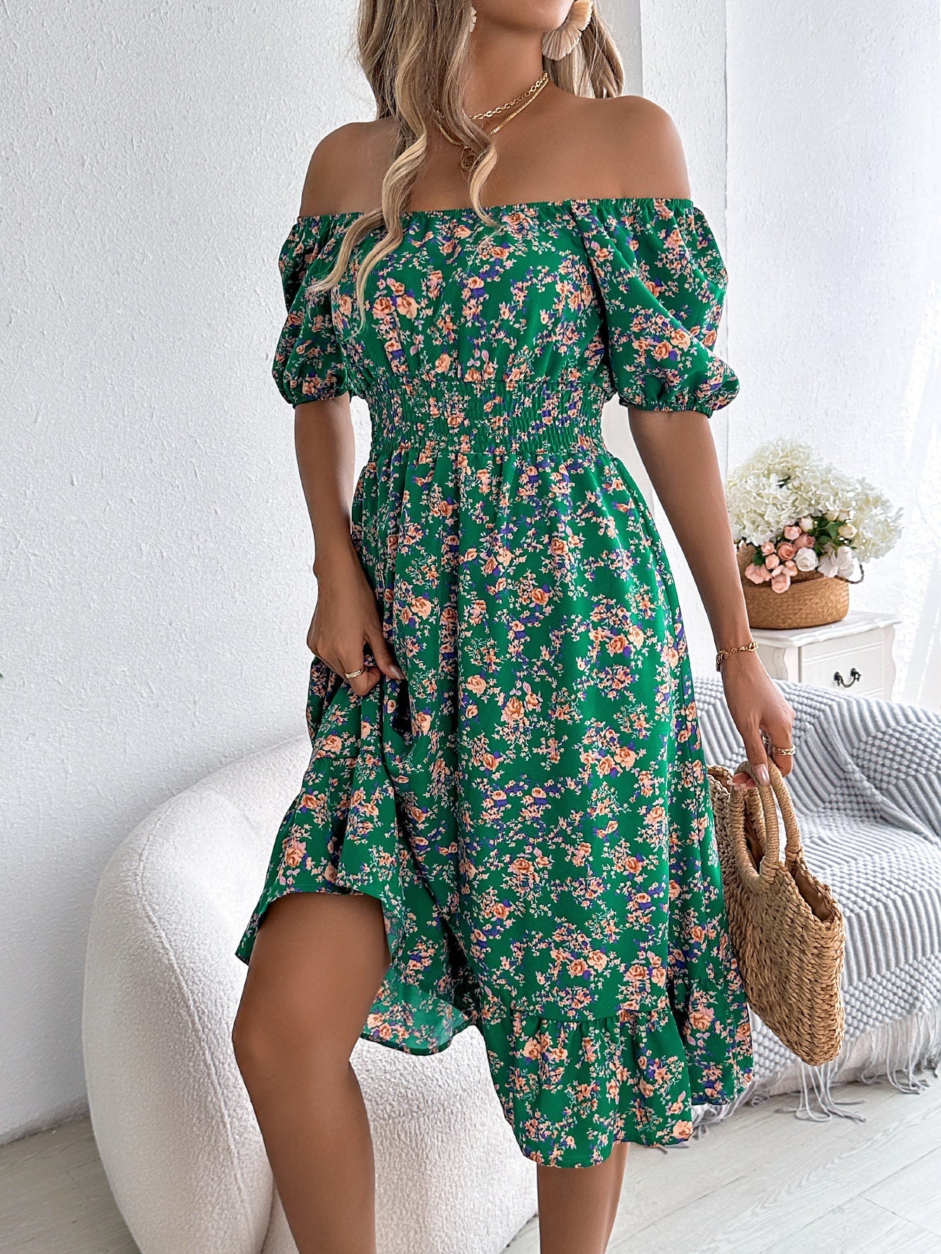 Joline – Robe midi à imprimé floral, col carré, volants et taille haute femme