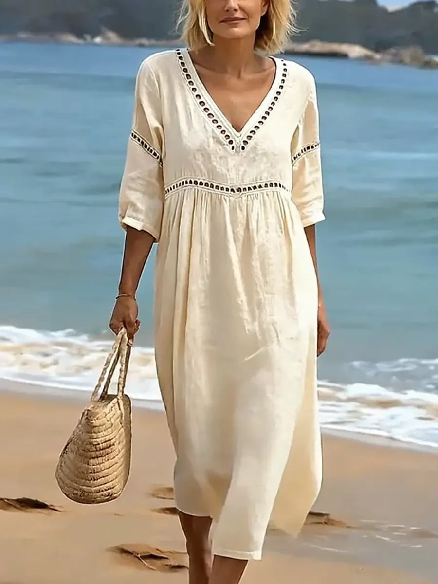 Robe midi fluide en coton à col V et manches courtes