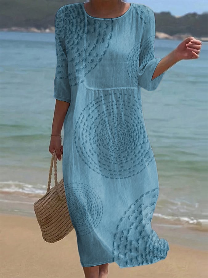 Robe midi en coton et lin à motif texturé et manches 3/4