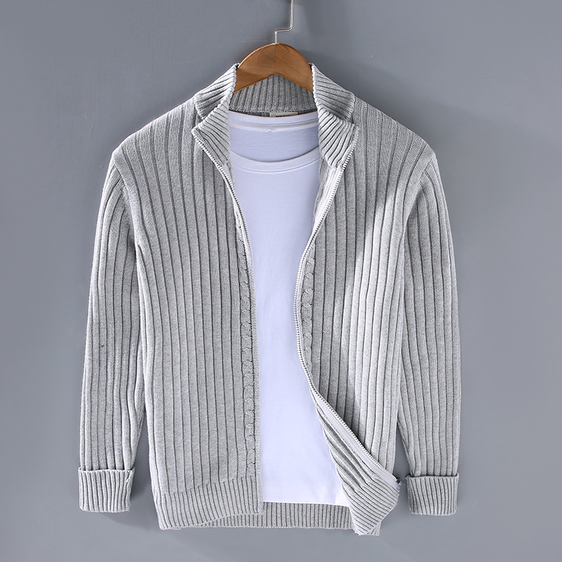 Veste zippée en maille côtelée pour homme automne élégante douce en coton avec col montant Mathieu