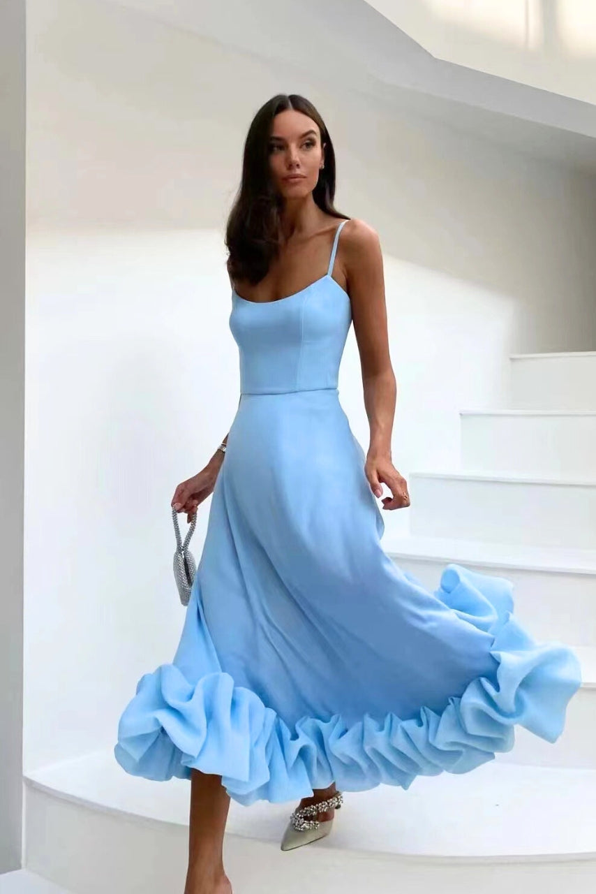 Juliette – Robe maxi à fines bretelles avec jupe évasée et ourlet à volants femme