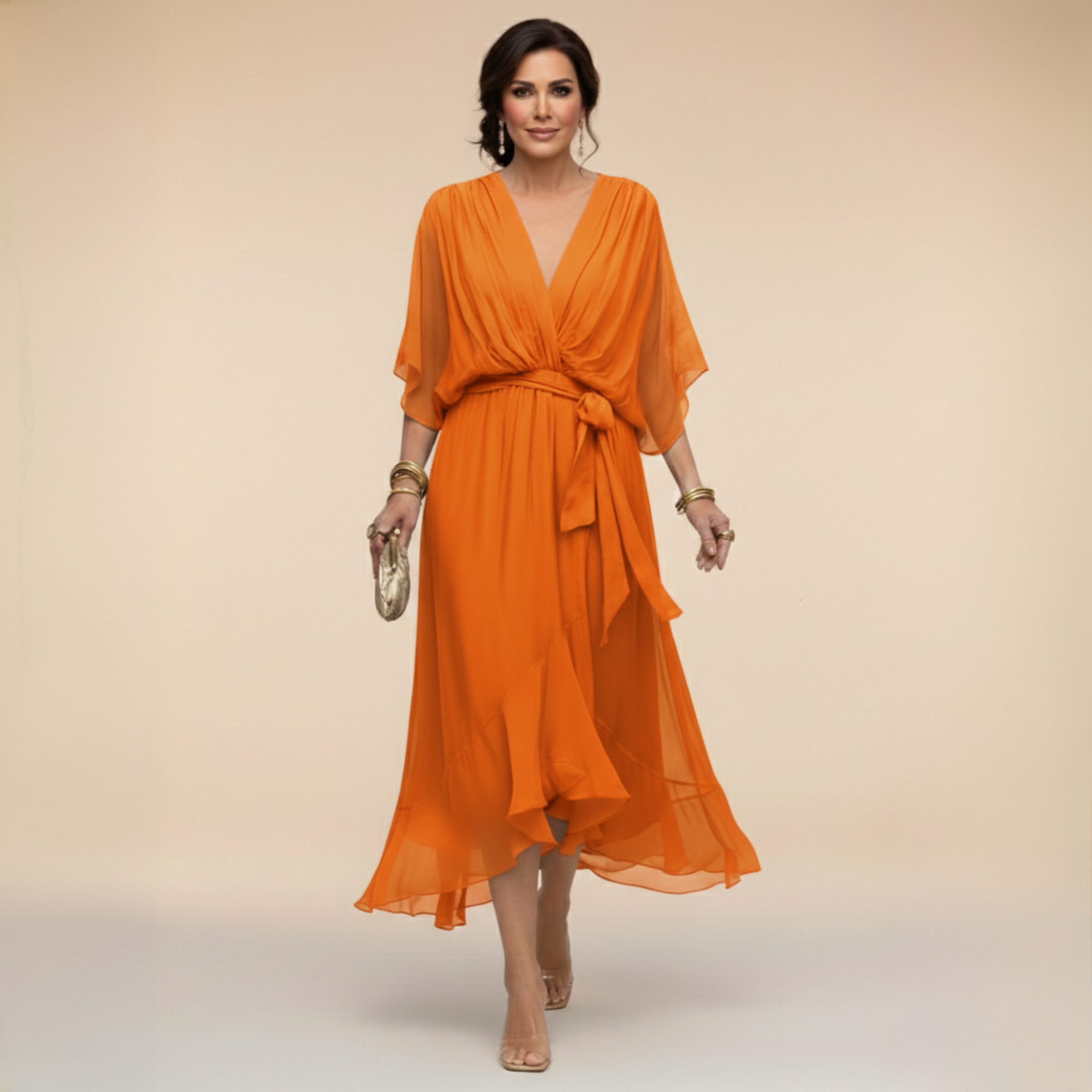 Inès – Robe midi fluide col V à taille ajustable