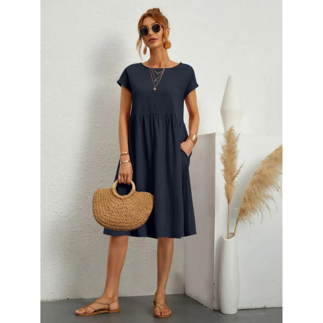 Valérie – Robe midi d’été élégante à manches courtes femme