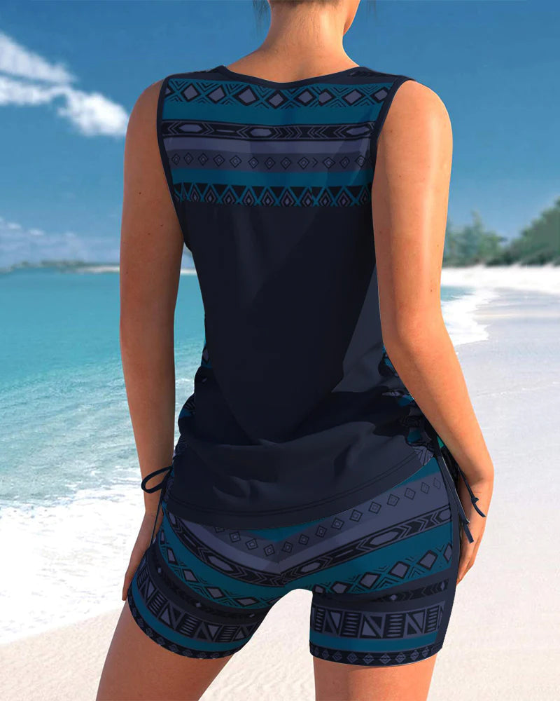 Tankini avec Short de Bain – Encolure en V, Bretelles Larges et Imprimé Géométrique Estival