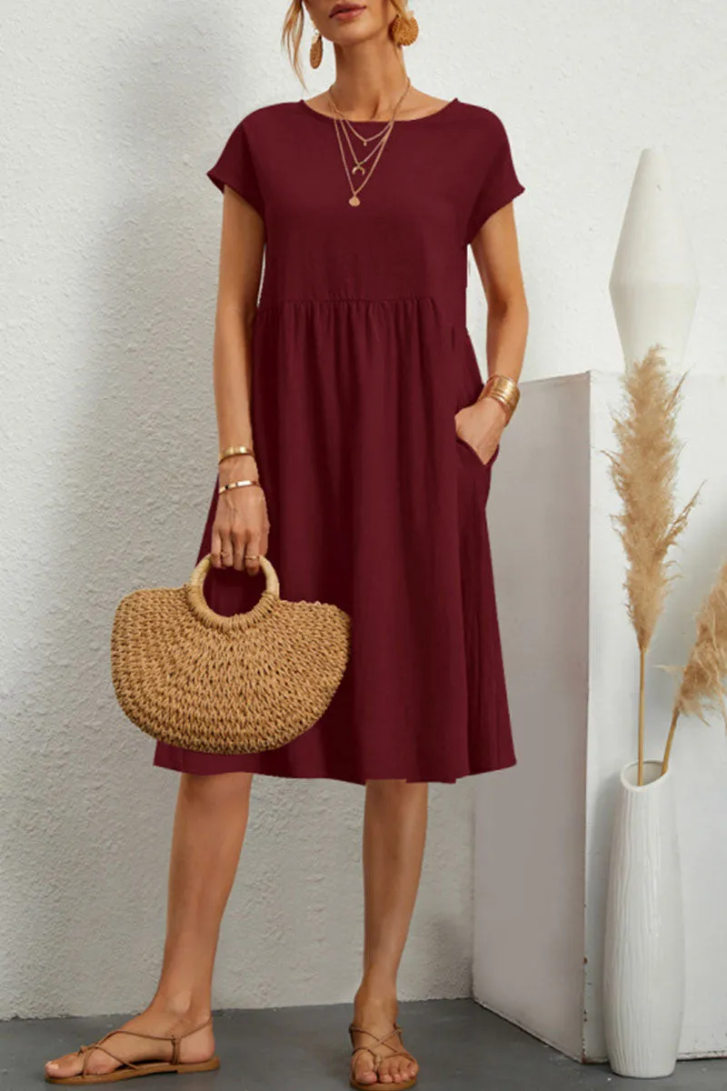 Robe d'été pour femme en coton doux avec col rond, poches et coupe évasée