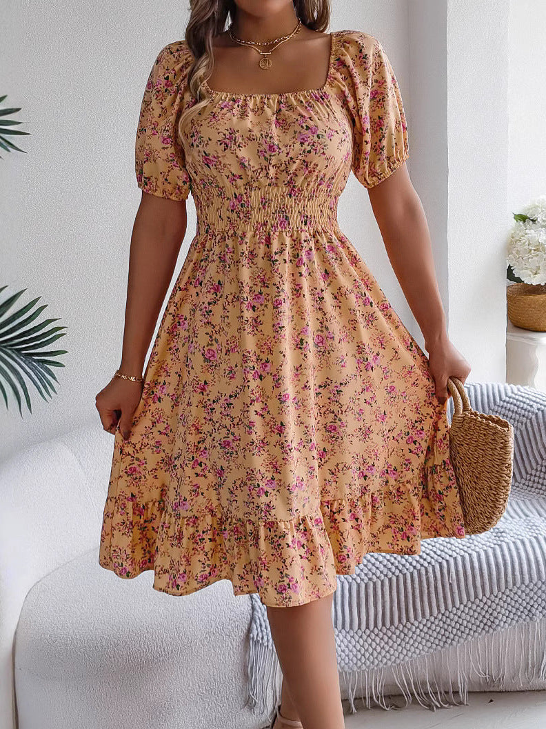 Joline – Robe midi à imprimé floral, col carré, volants et taille haute femme