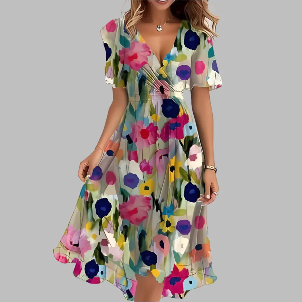 Robe midi fleurie à fronces et manches bouffantes
