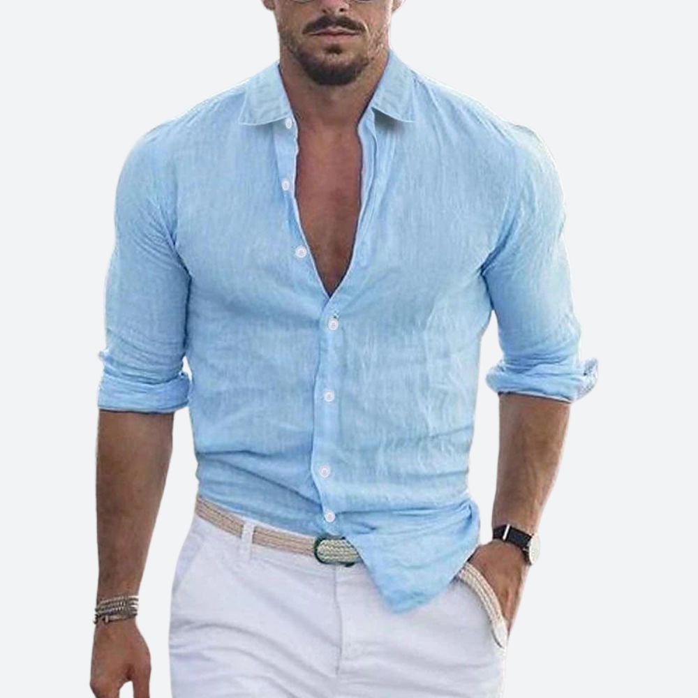 Chemise en lin homme coupe ajustée à col ouvert manches longues