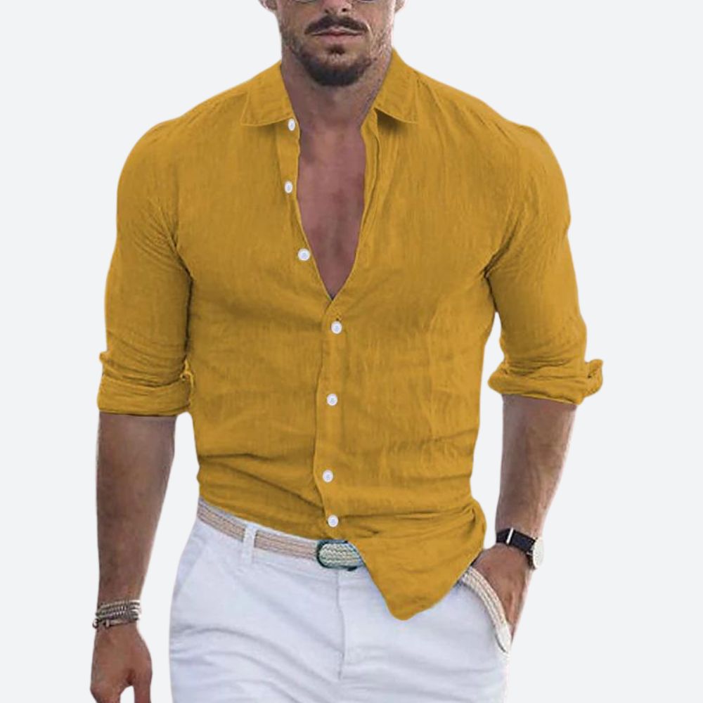 Chemise en lin homme coupe ajustée à col ouvert manches longues