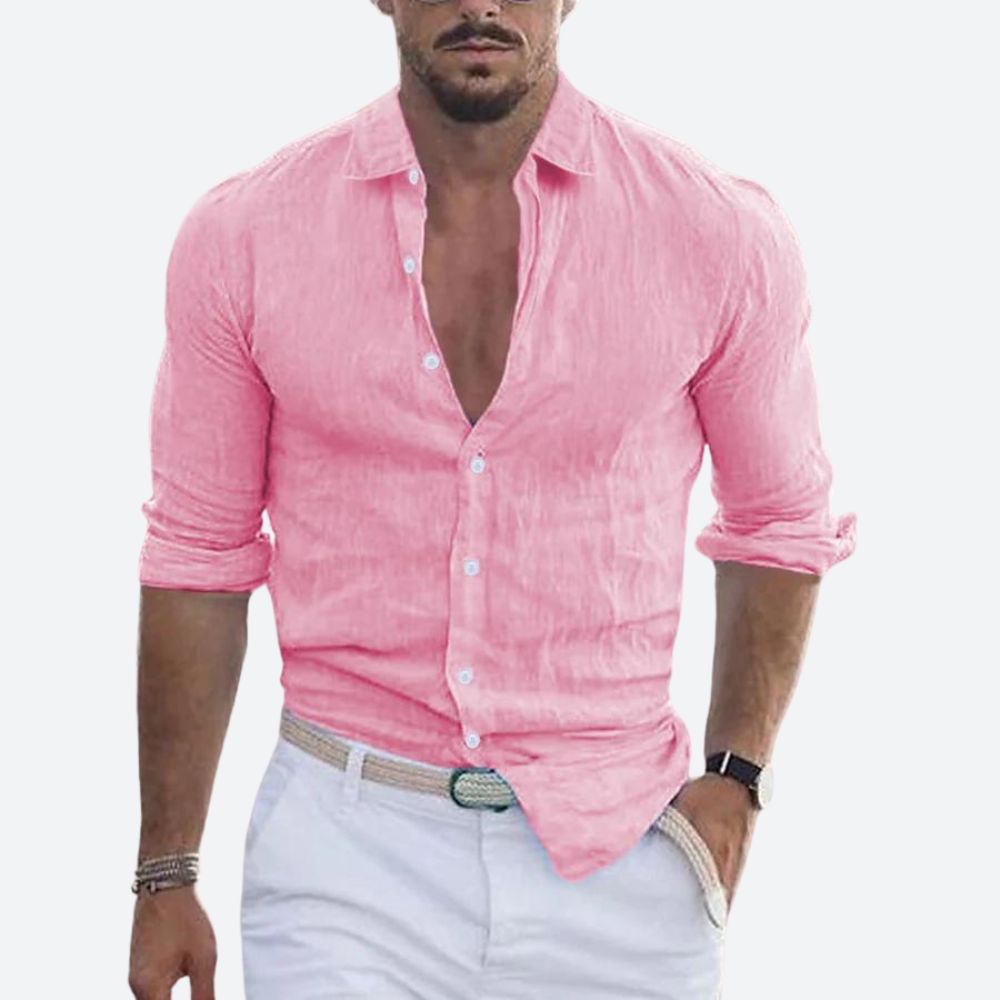 Chemise en lin homme coupe ajustée à col ouvert manches longues