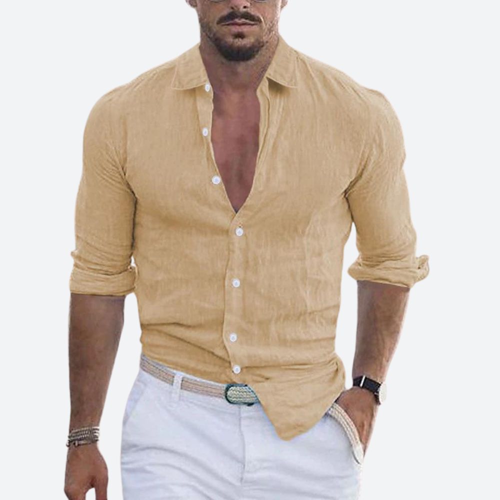 Chemise en lin homme coupe ajustée à col ouvert manches longues