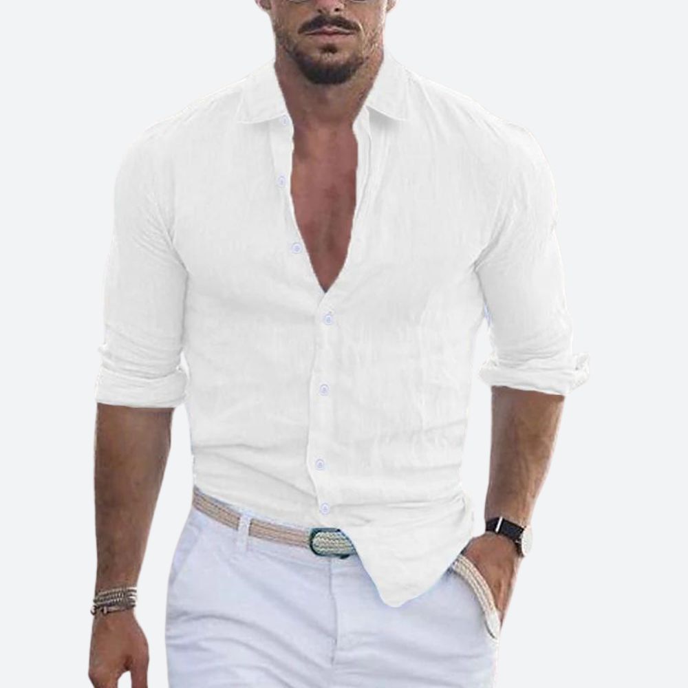 Chemise en lin homme coupe ajustée à col ouvert manches longues