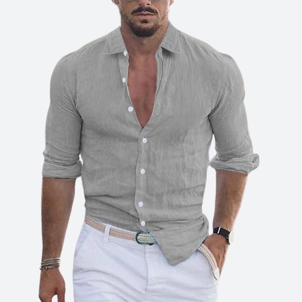 Chemise en lin homme coupe ajustée à col ouvert manches longues