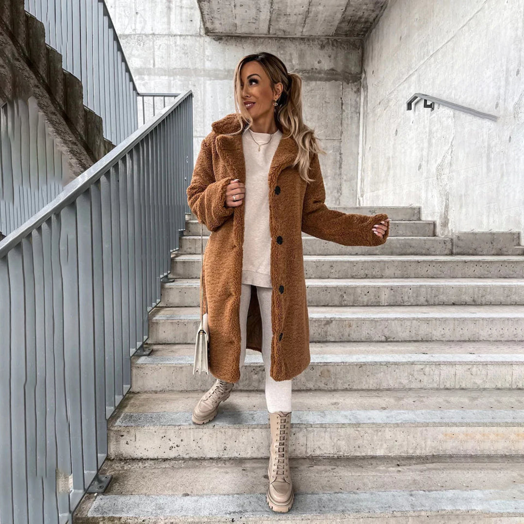 Manteau teddy pour femme hiver long ultra doux en fausse fourrure coupe droite Éléonore
